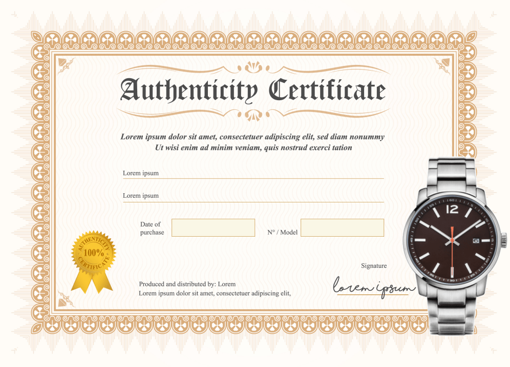 Watch certificate of authenticity